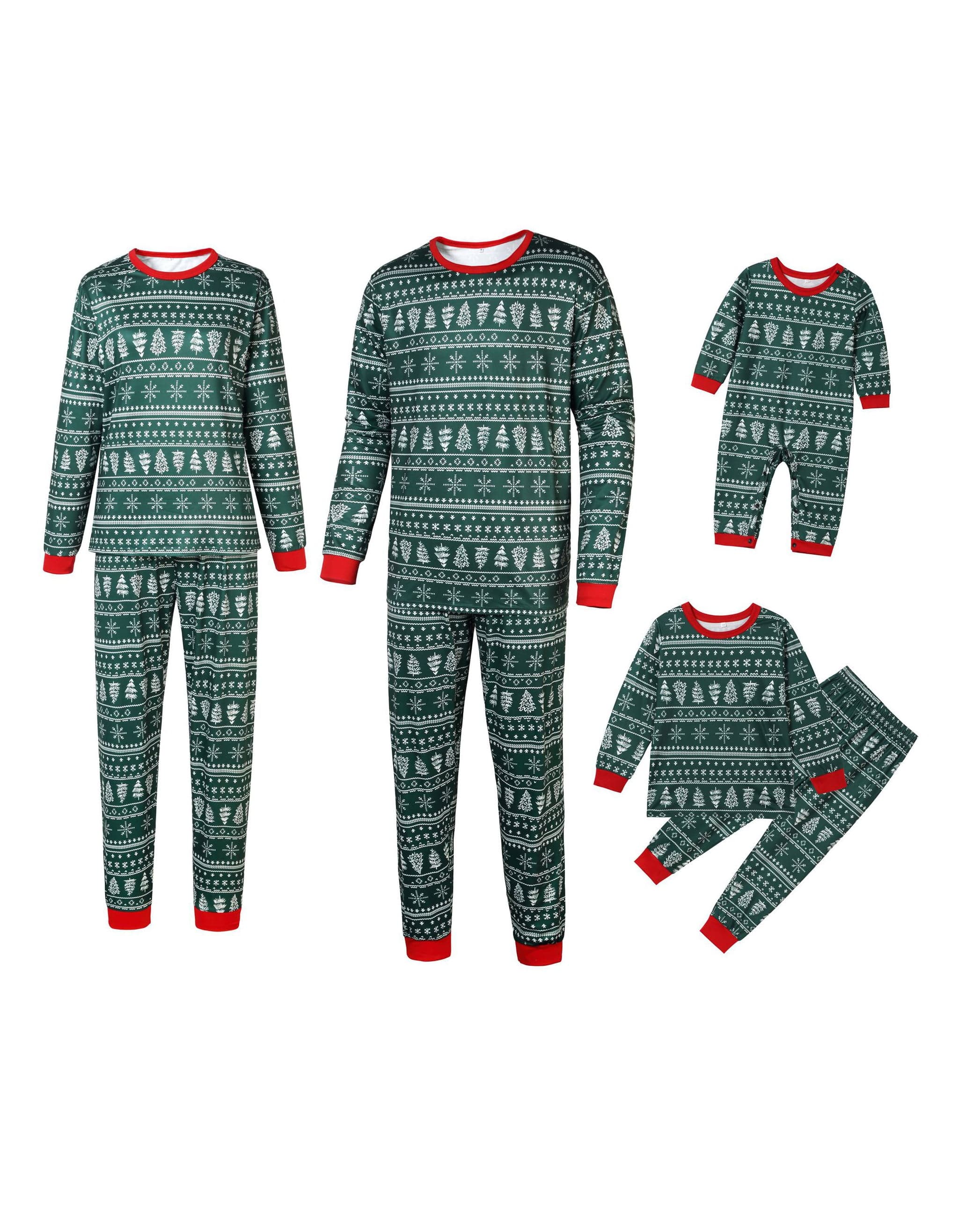 Modern green Christmas pajamas with winter motifs, snowflakes, fir trees
