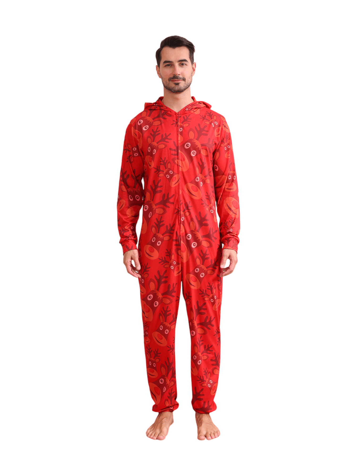 Reindeer Emoji pattern jumpsuit with reindeer hood design