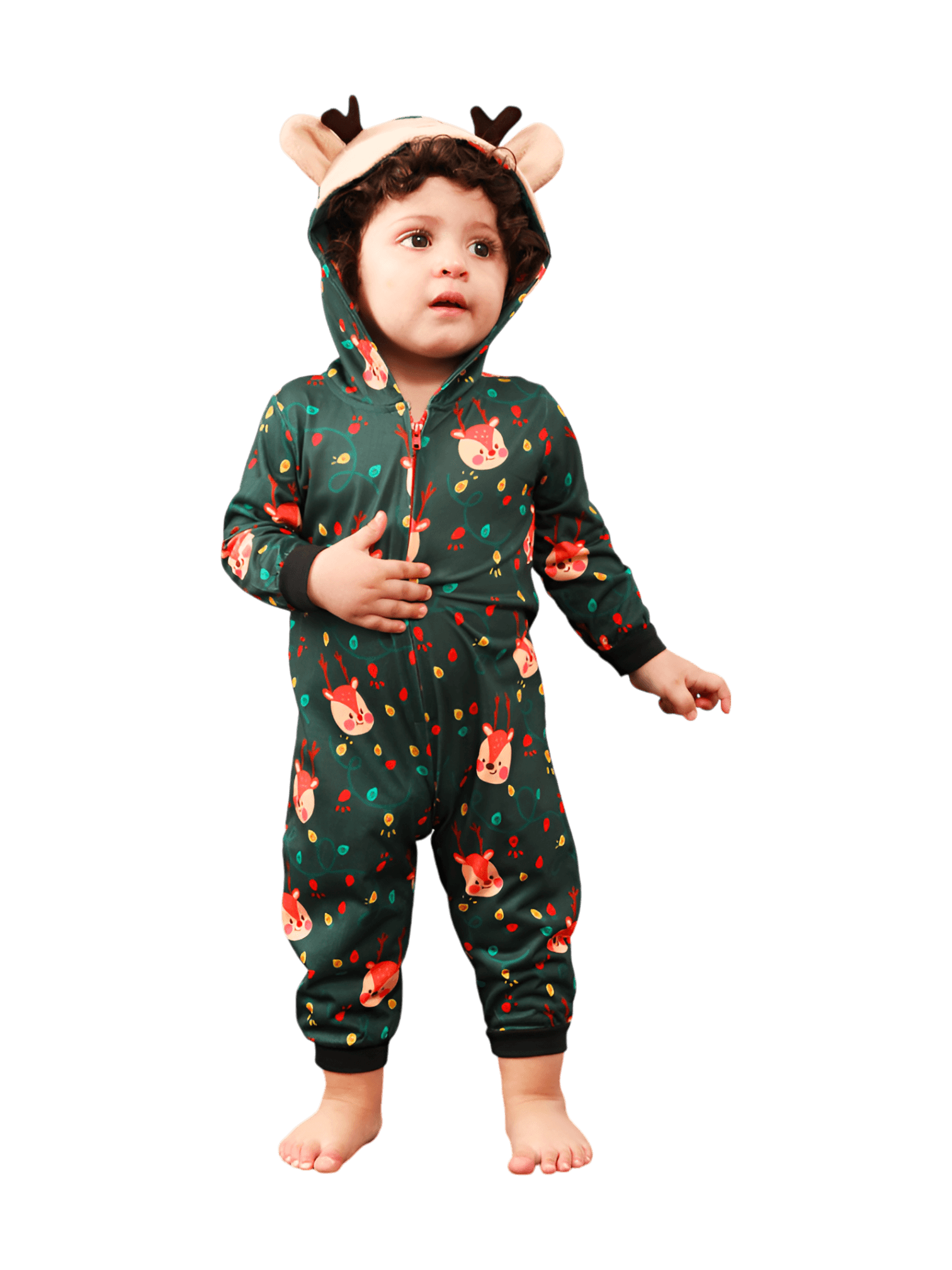 Green cute reindeer jumpsuit with reindeer hood for all ages