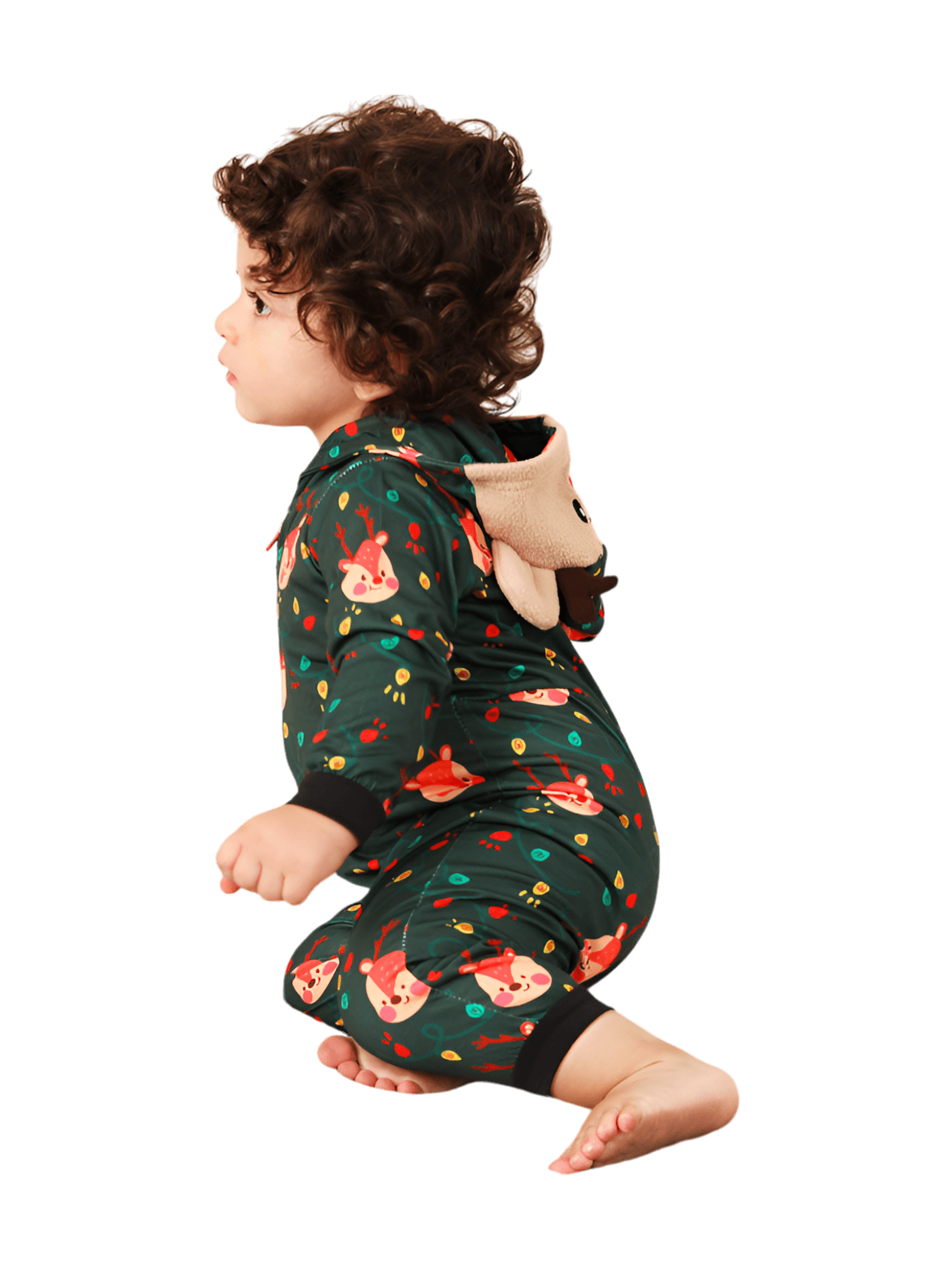 Green cute reindeer jumpsuit with reindeer hood for all ages