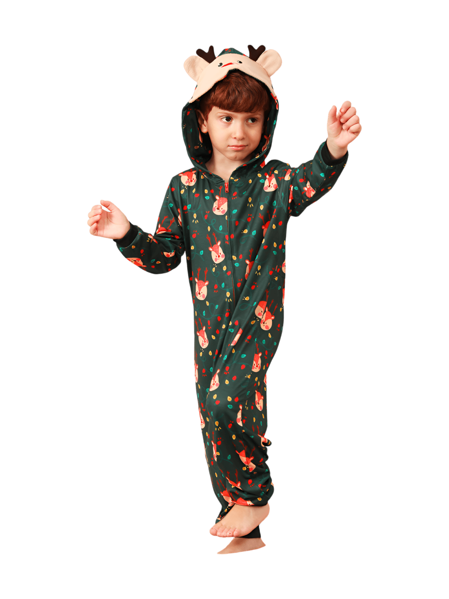 Green cute reindeer jumpsuit with reindeer hood for all ages