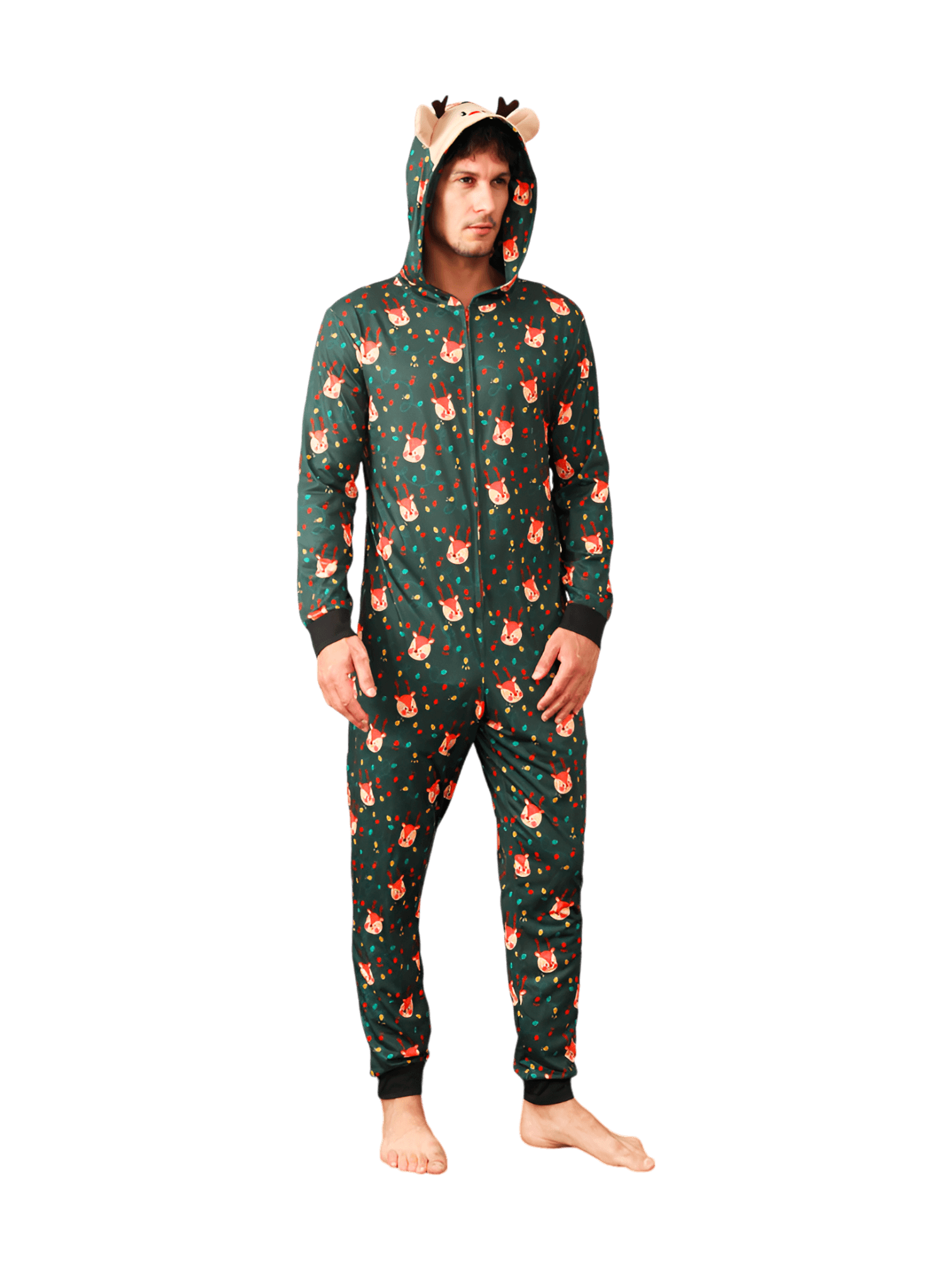 Green cute reindeer jumpsuit with reindeer hood for all ages