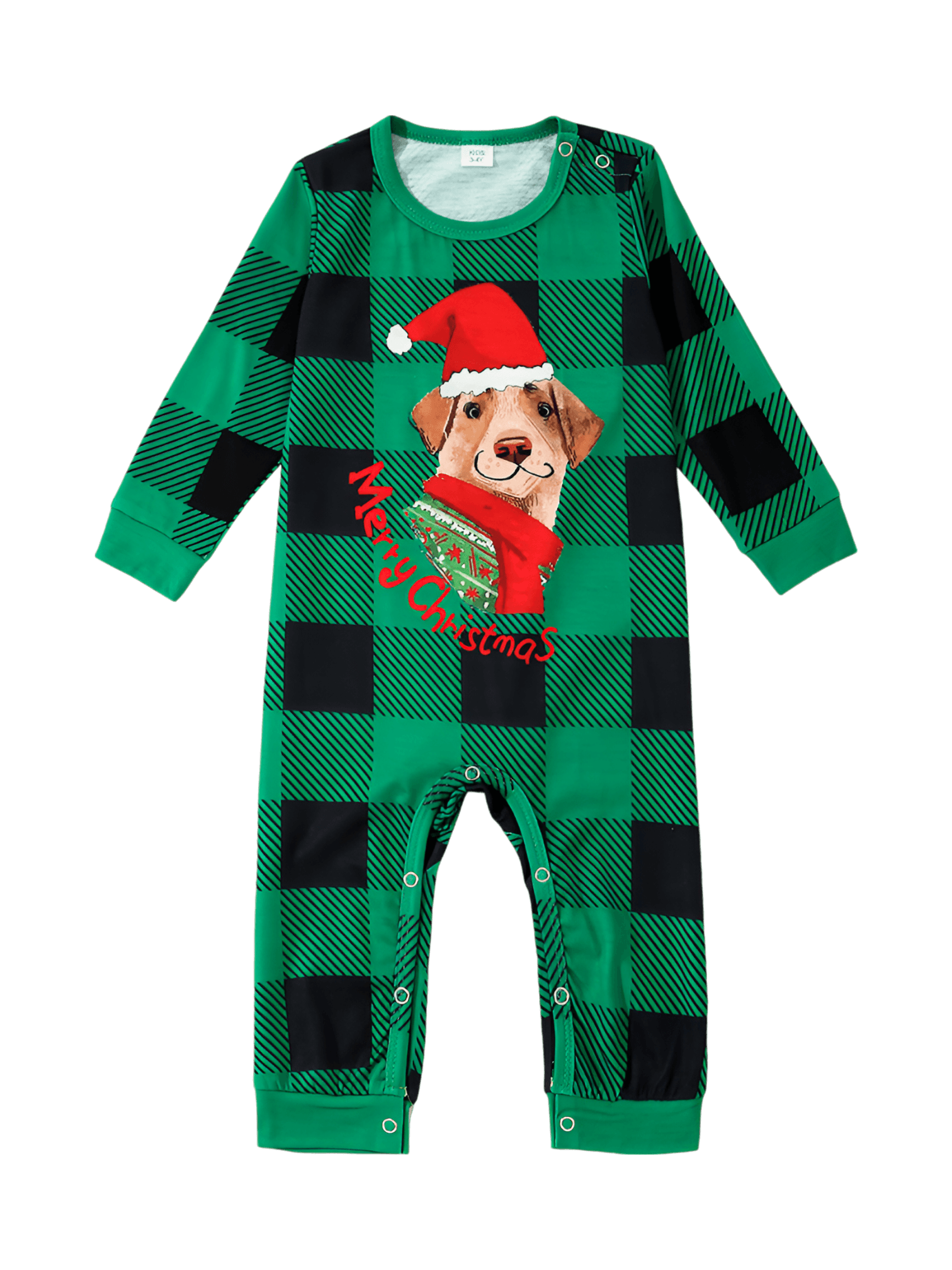 Matching checked pajama featuring a dog ready to go out for Christmas