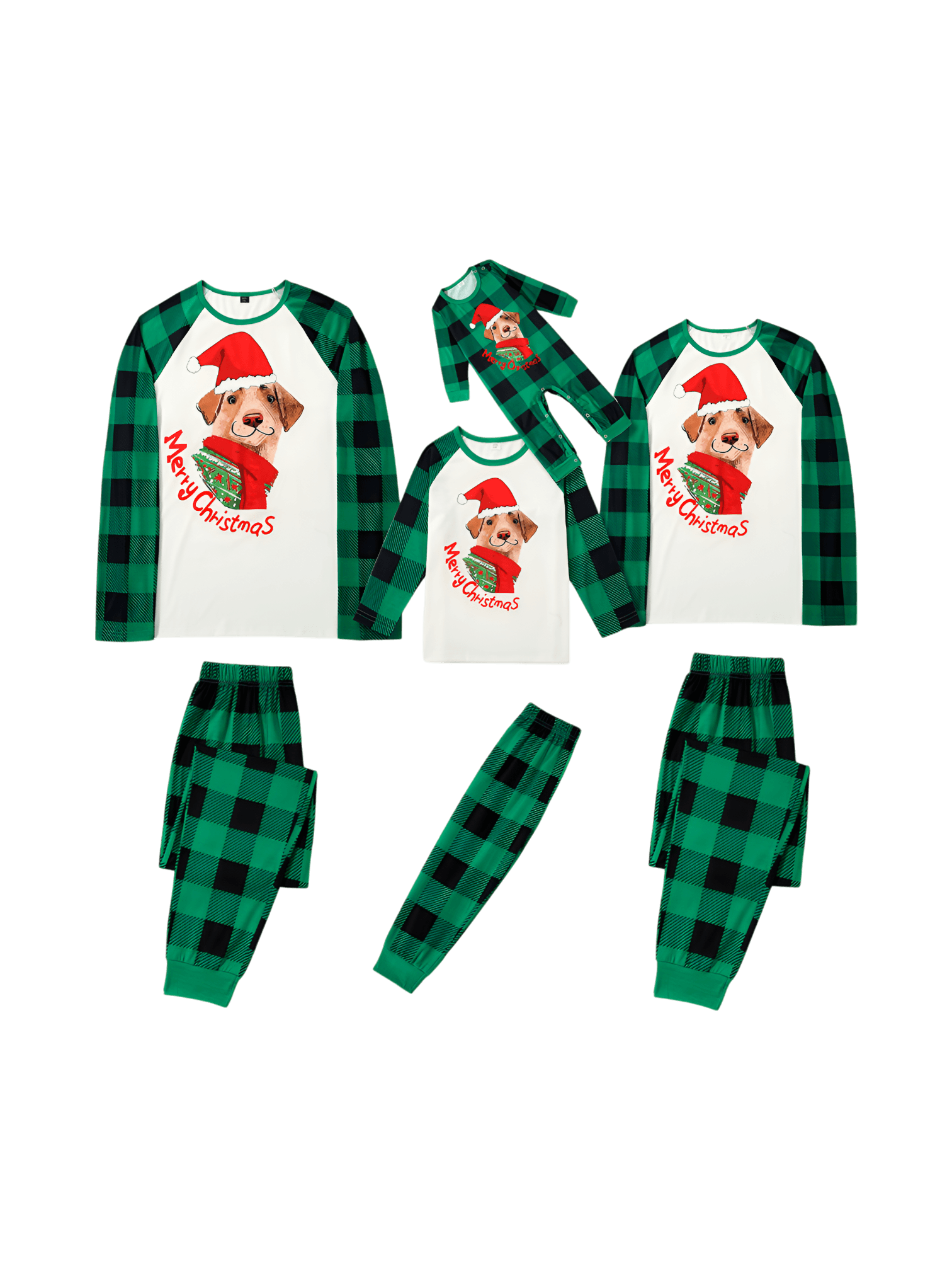 Matching checked pajama featuring a dog ready to go out for Christmas