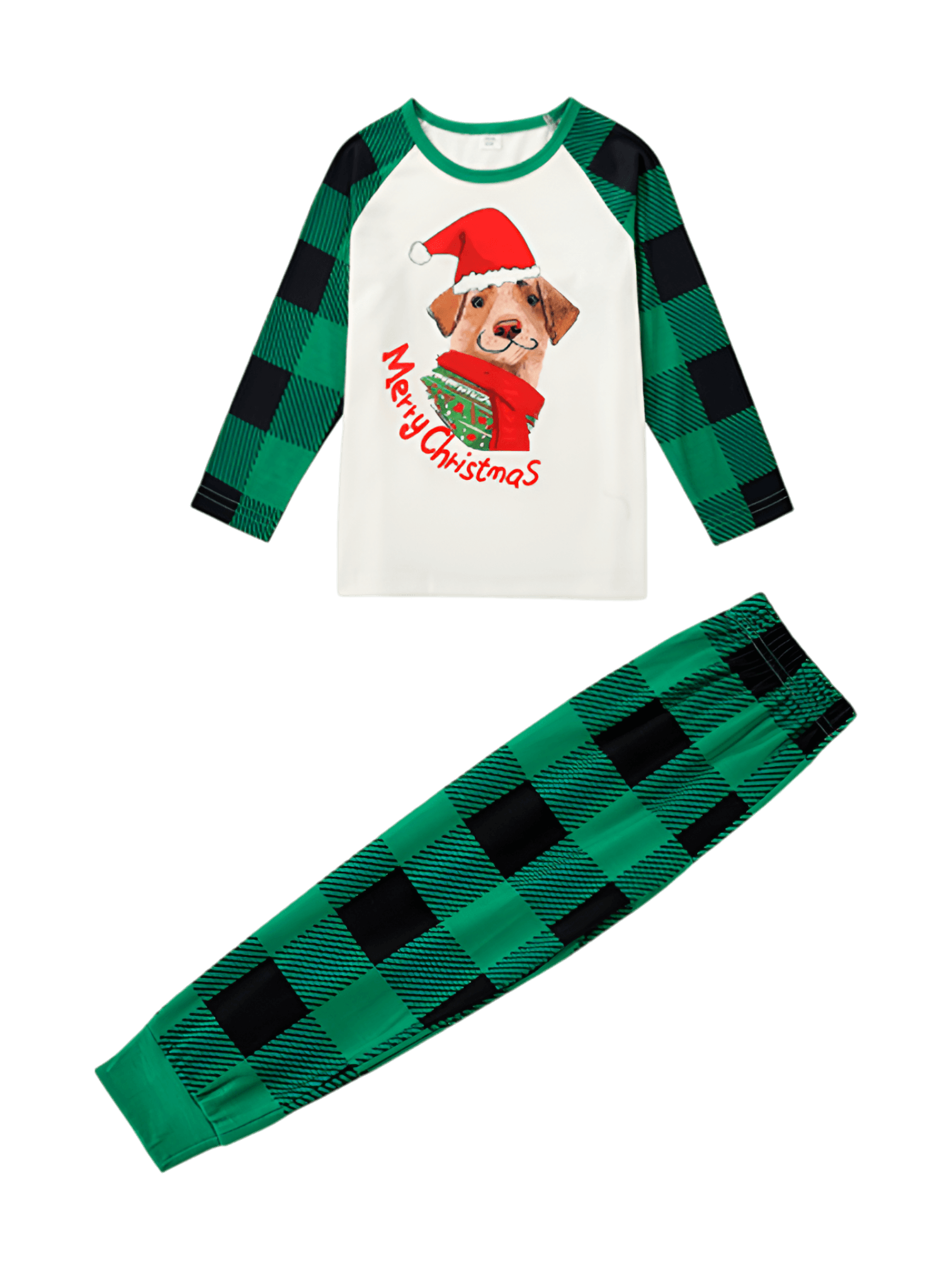 Matching checked pajama featuring a dog ready to go out for Christmas