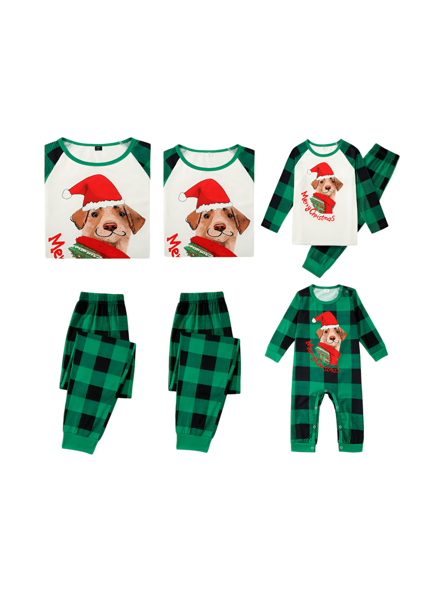 Matching checked pajama featuring a dog ready to go out for Christmas