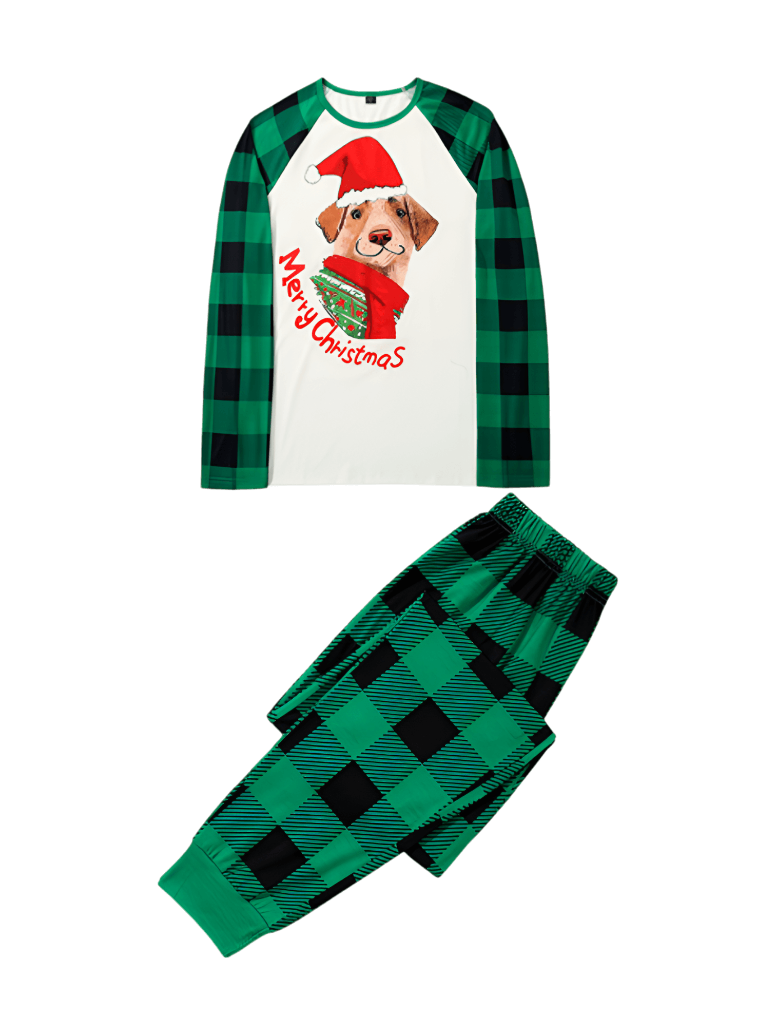 Matching checked pajama featuring a dog ready to go out for Christmas