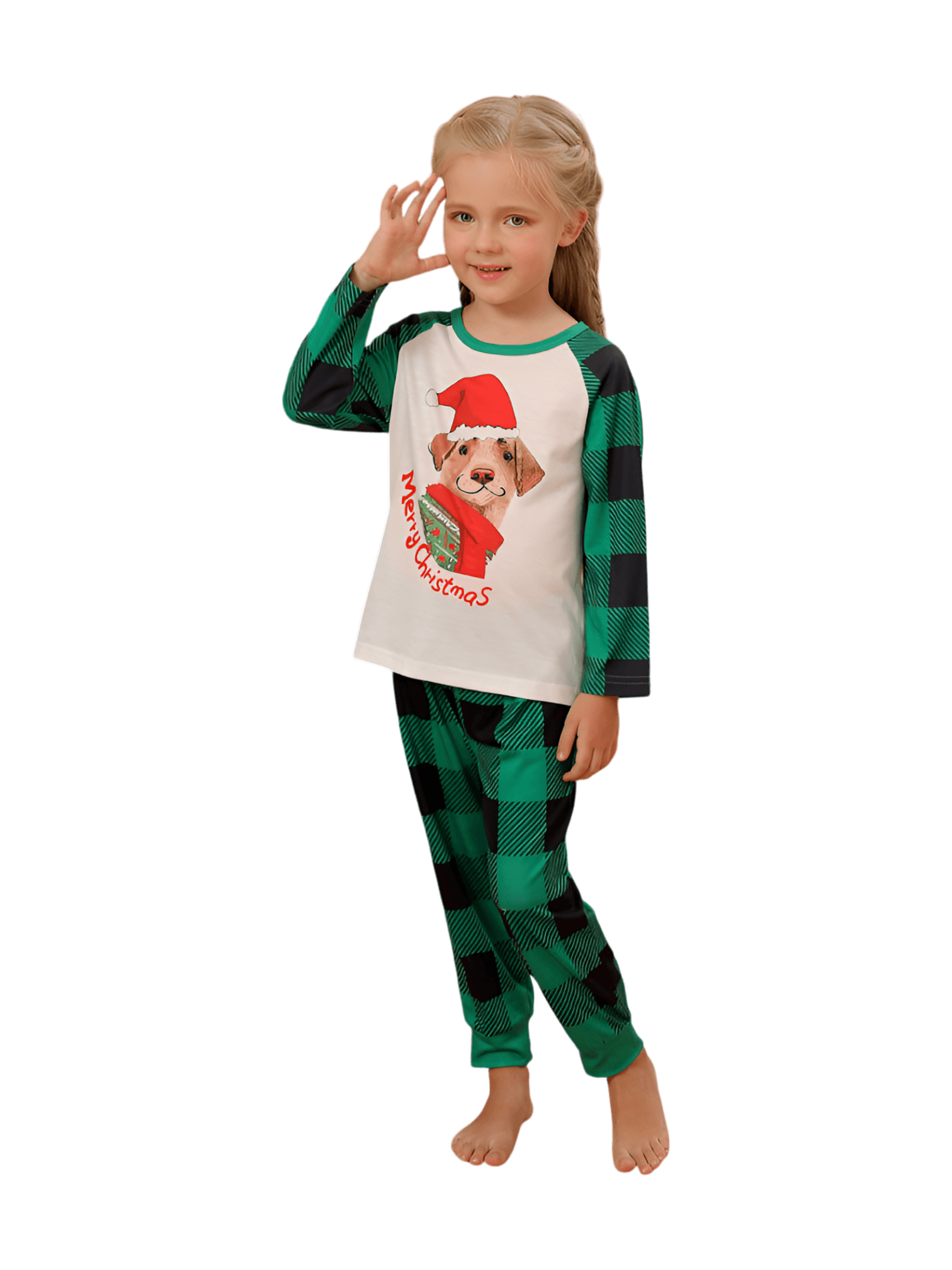 Matching checked pajama featuring a dog ready to go out for Christmas