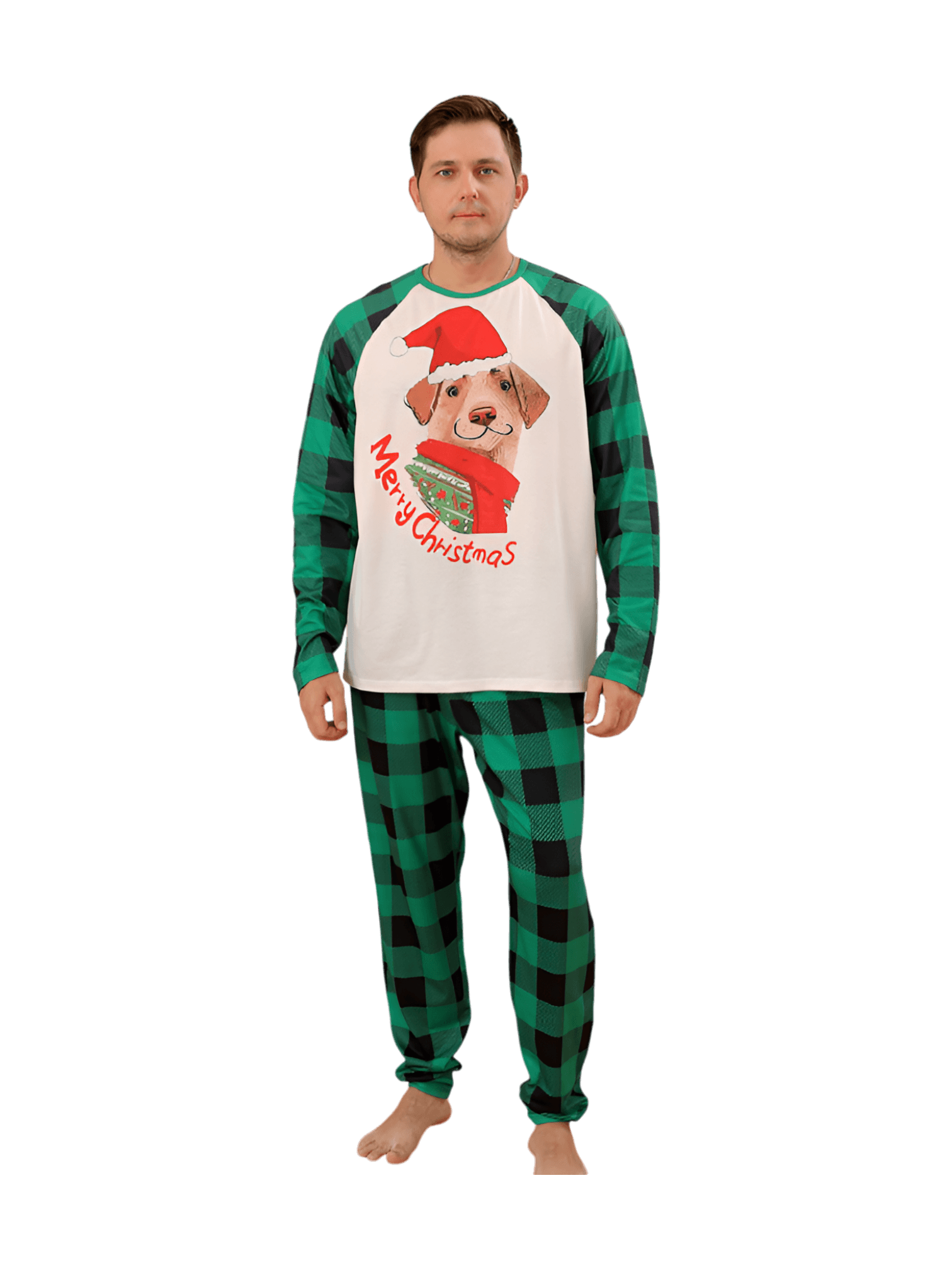 Matching checked pajama featuring a dog ready to go out for Christmas