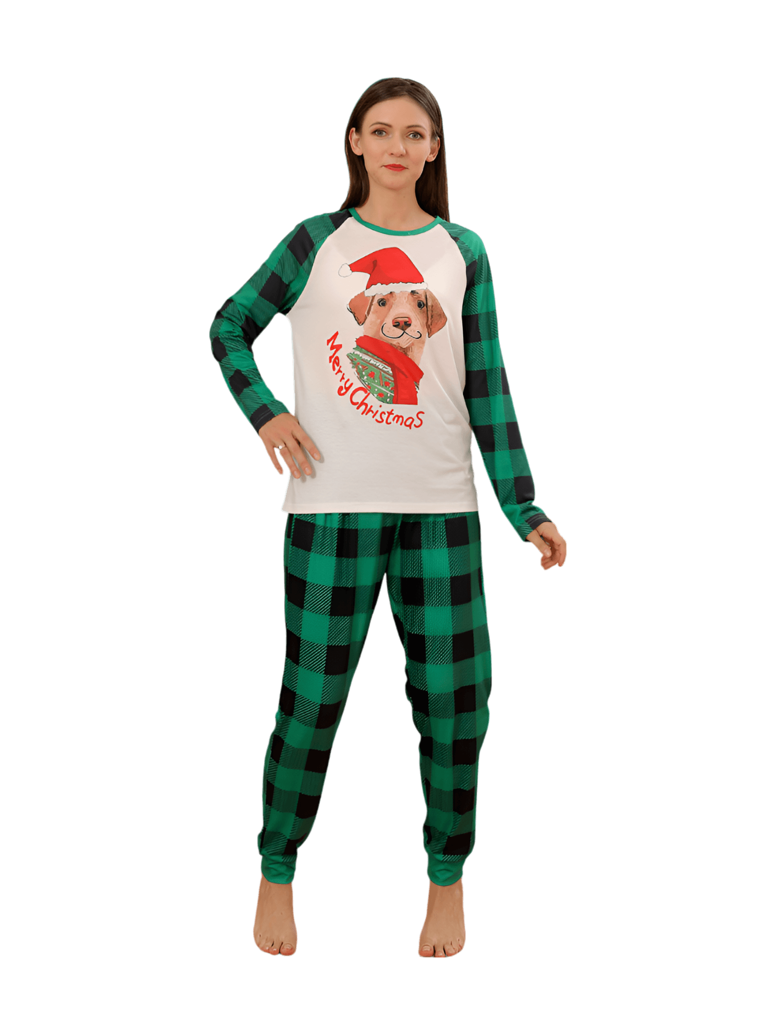 Matching checked pajama featuring a dog ready to go out for Christmas