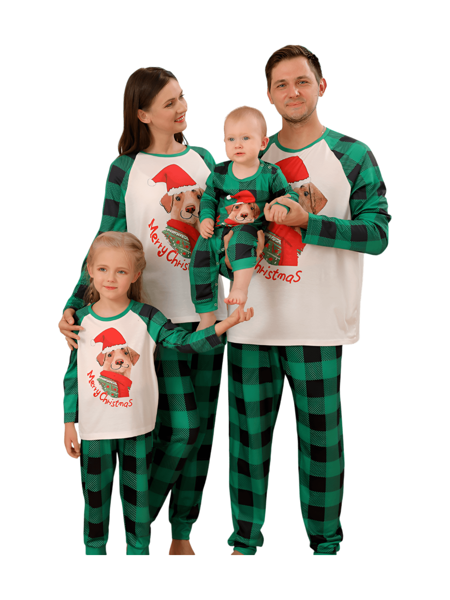 Matching checked pajama featuring a dog ready to go out for Christmas