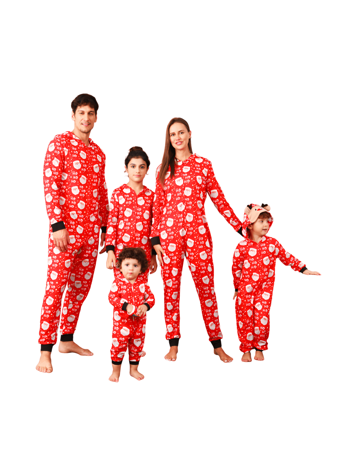 Red Santa "Ho Ho Ho" Jumpsuit with Reindeer Hood for all ages