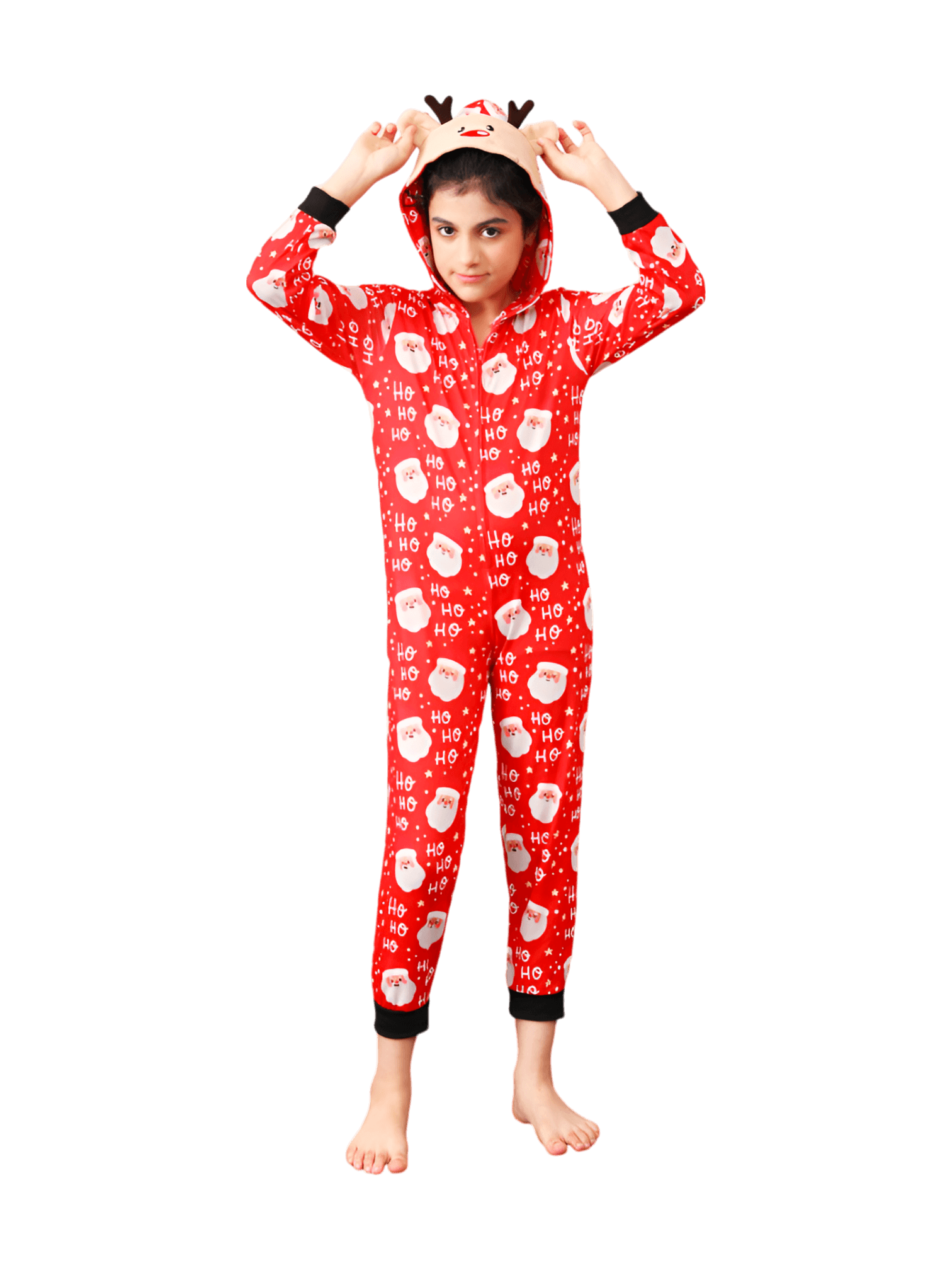 Red Santa "Ho Ho Ho" Jumpsuit with Reindeer Hood for all ages