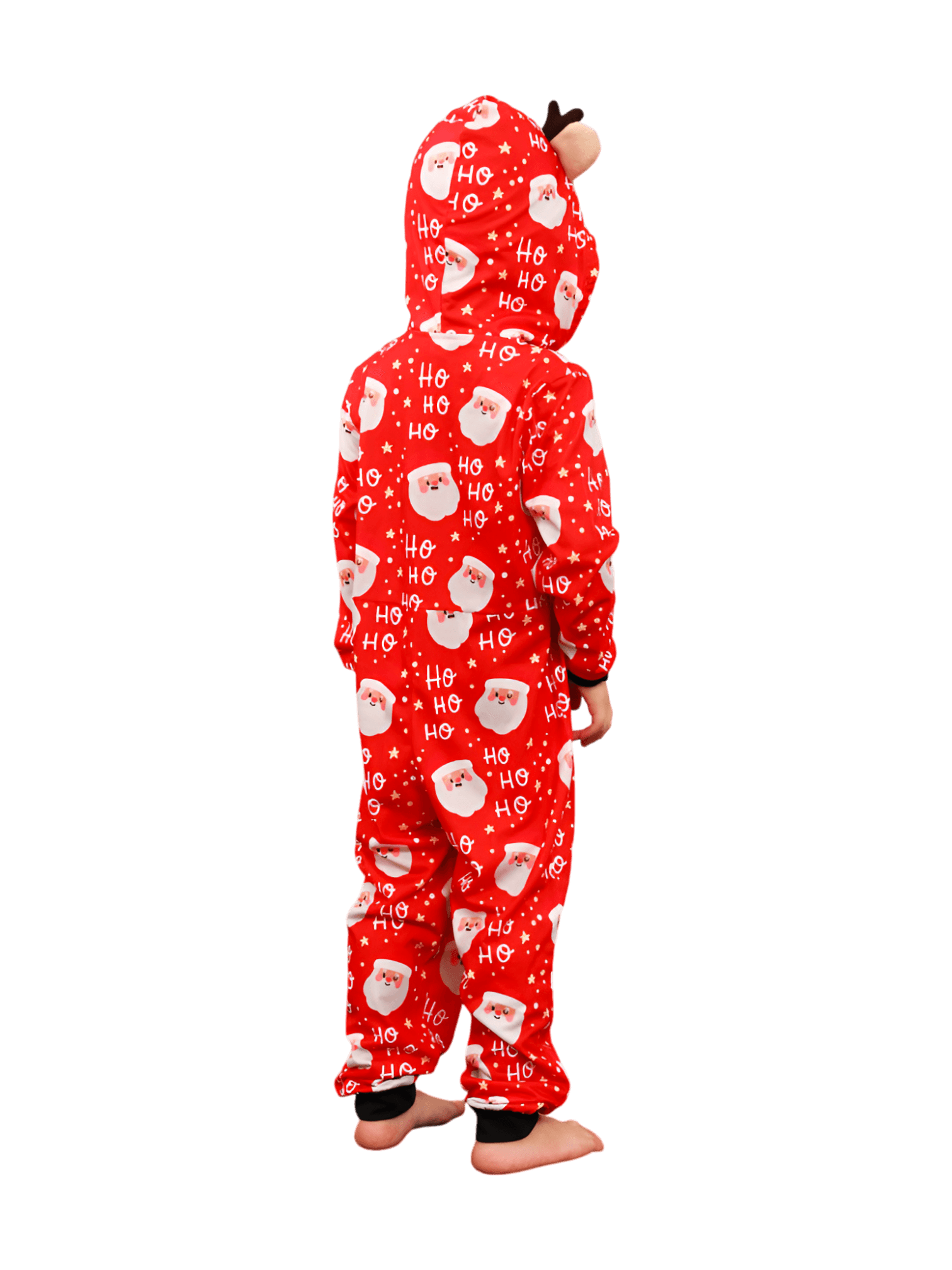 Red Santa "Ho Ho Ho" Jumpsuit with Reindeer Hood for all ages