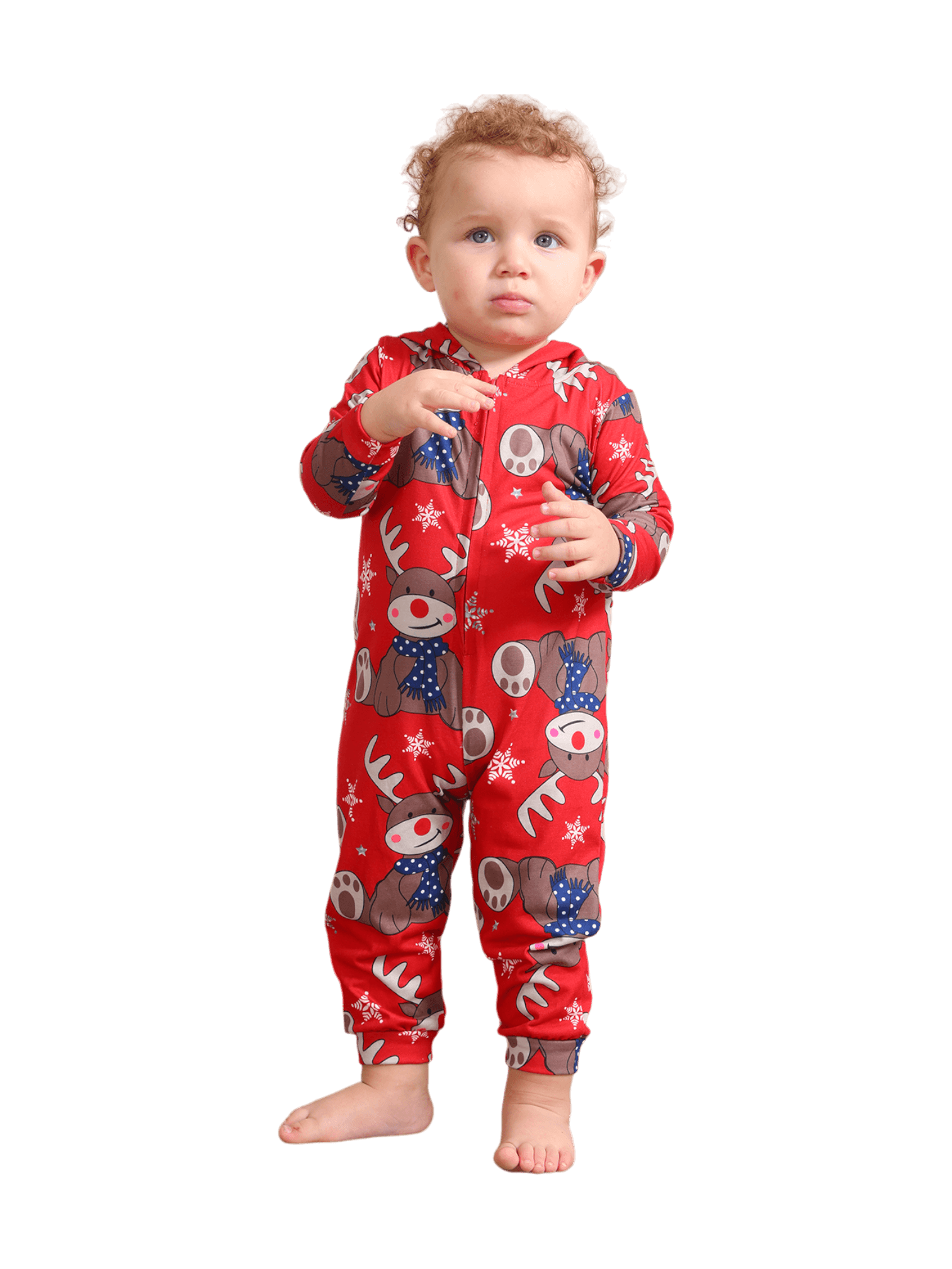 Red Reindeer Hood Jumpsuit, reindeer blue-scarf design