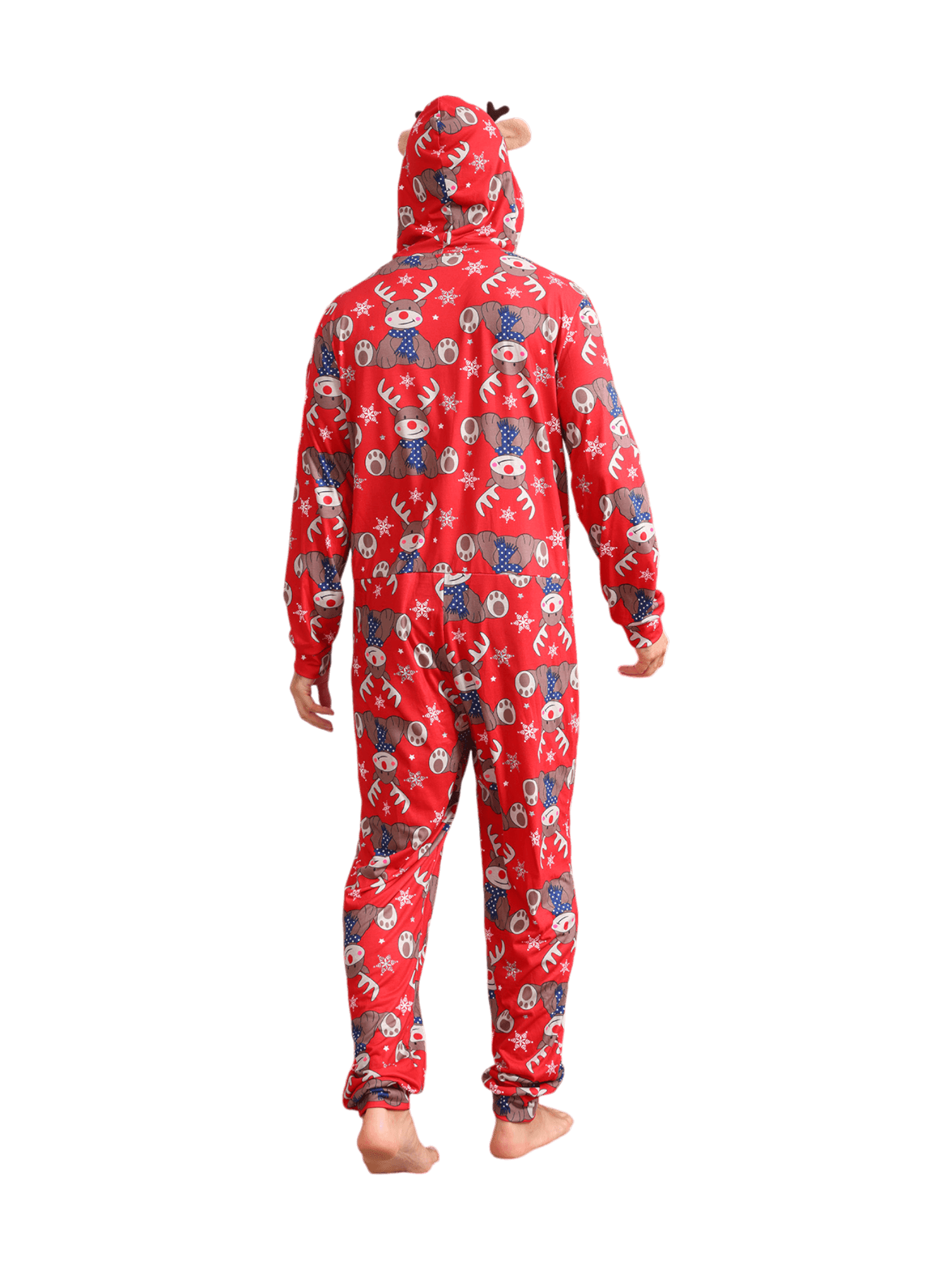 Red Reindeer Hood Jumpsuit, reindeer blue-scarf design