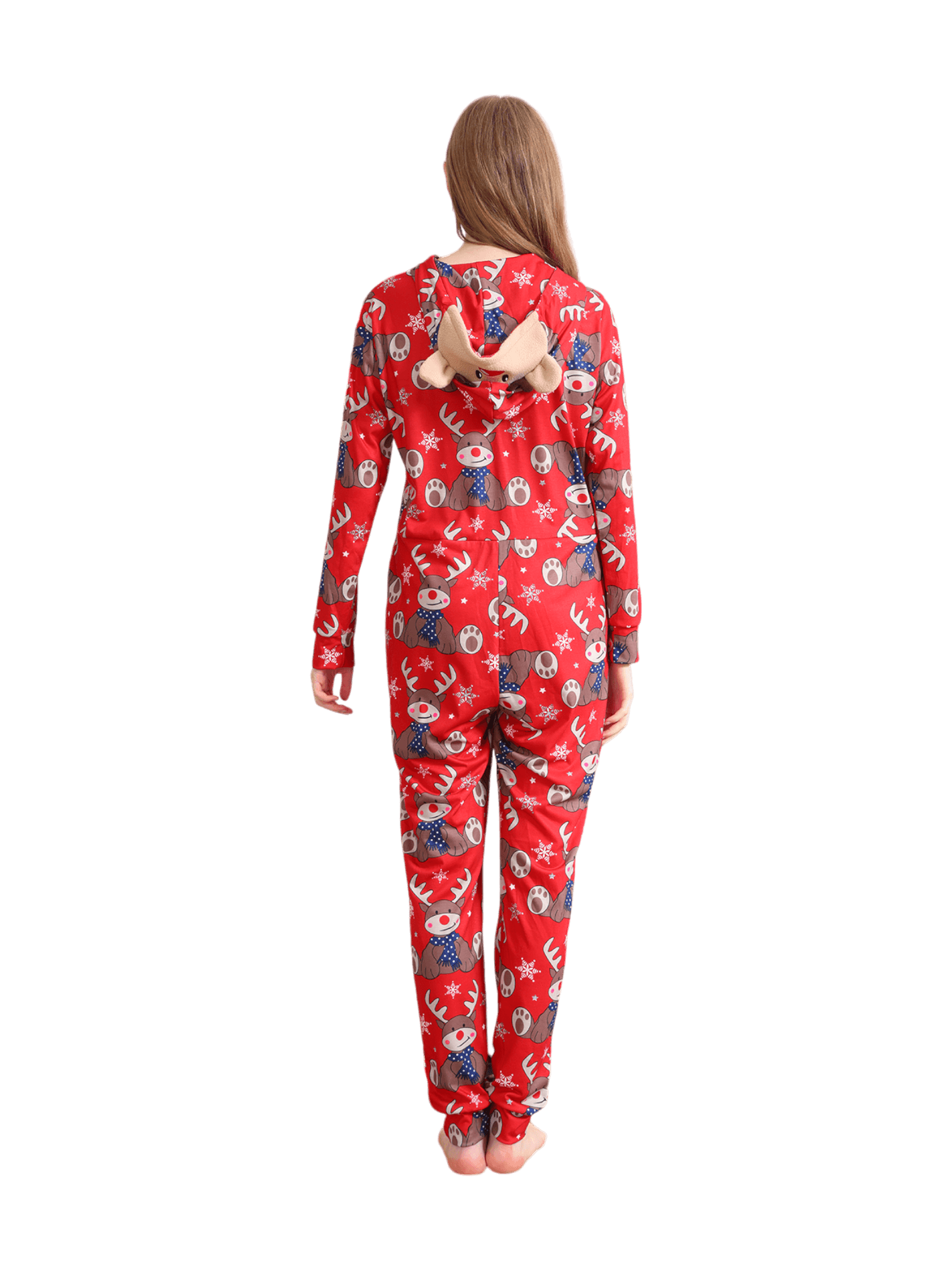 Red Reindeer Hood Jumpsuit, reindeer blue-scarf design