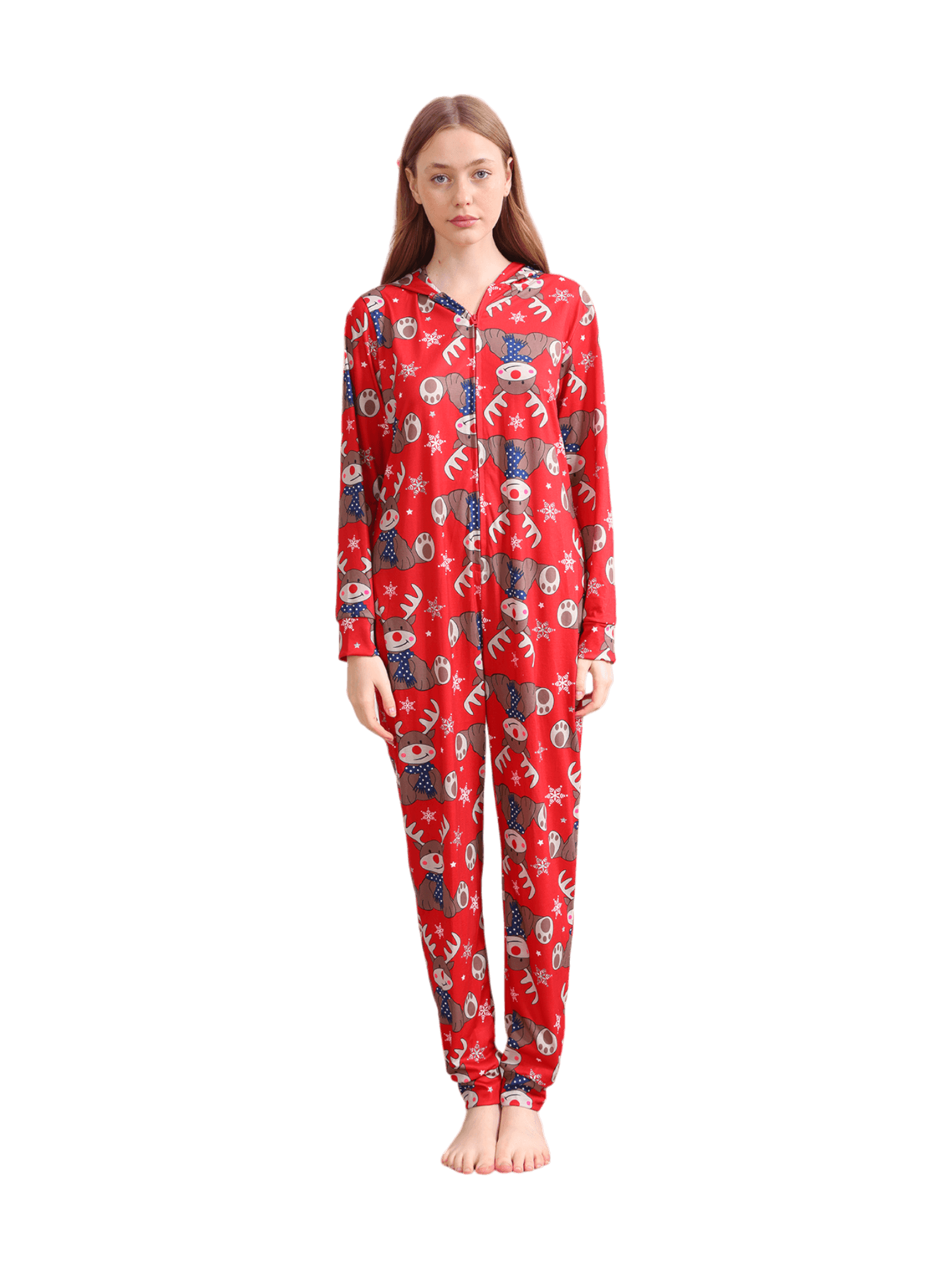 Red Reindeer Hood Jumpsuit, reindeer blue-scarf design