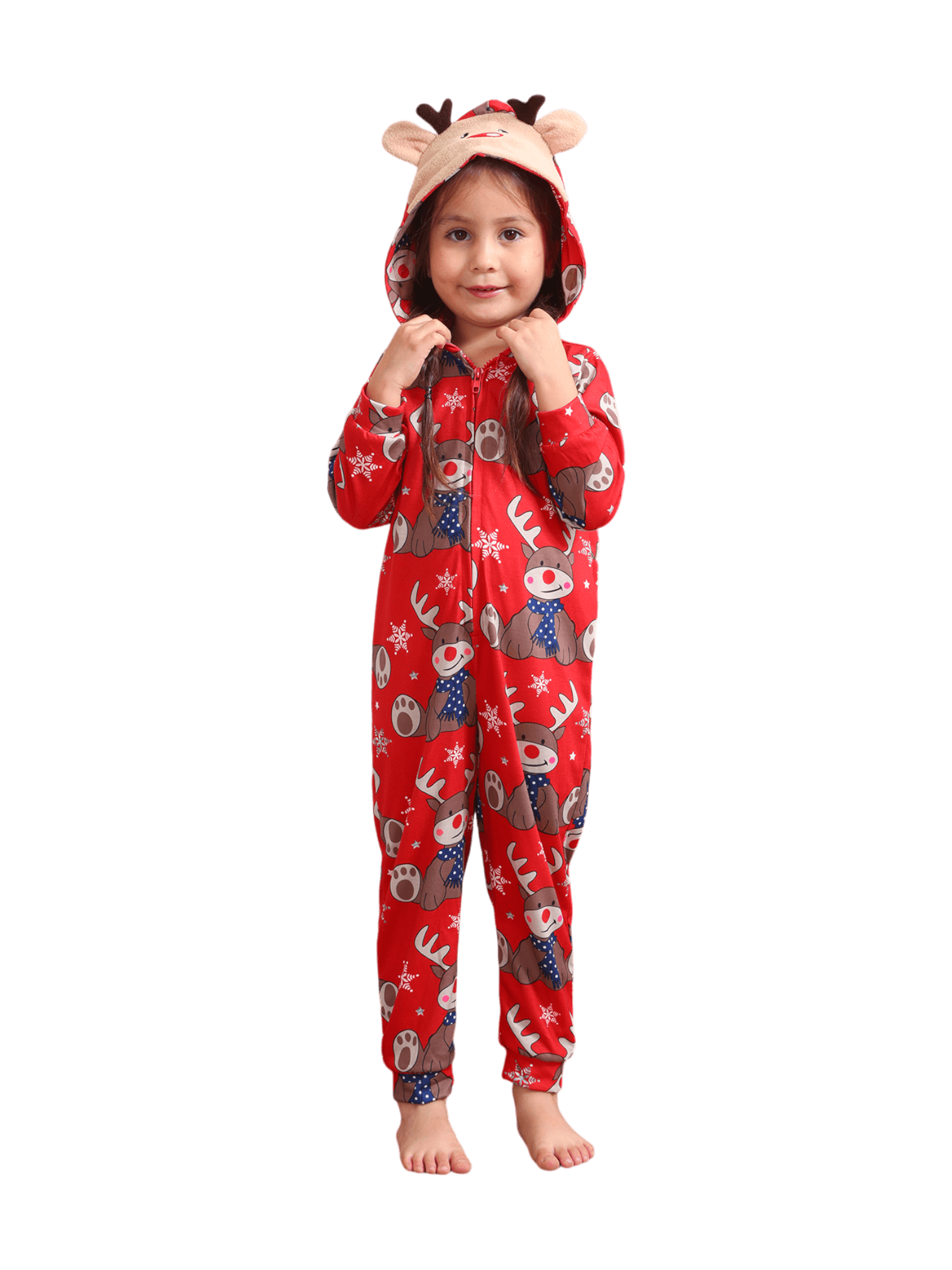 Red Reindeer Hood Jumpsuit, reindeer blue-scarf design