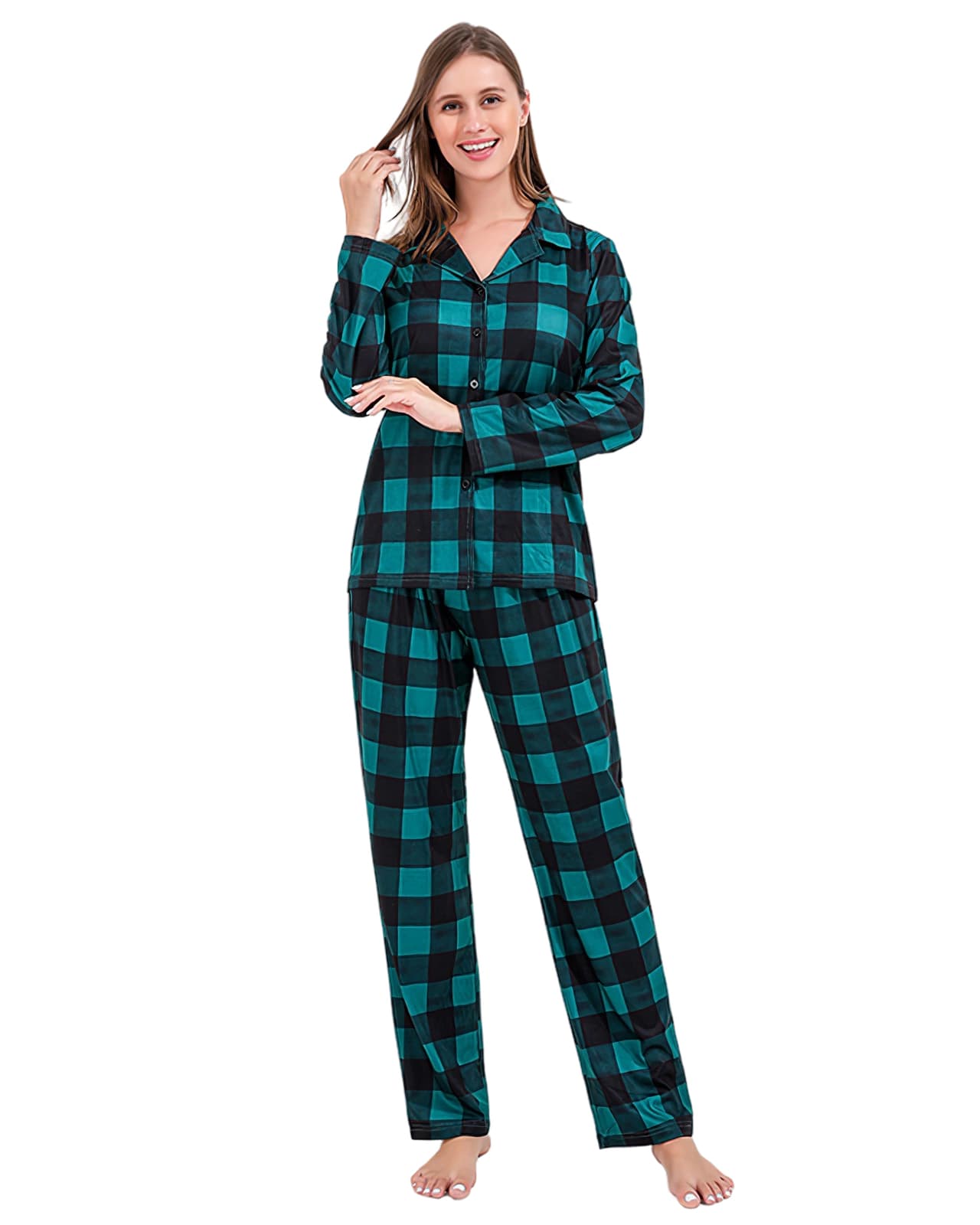 Modern green checked family Christmas pajamas